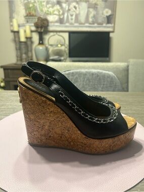 CHANEL Black Leather Cork Wedge Slingback Sandals with Silver Chain
